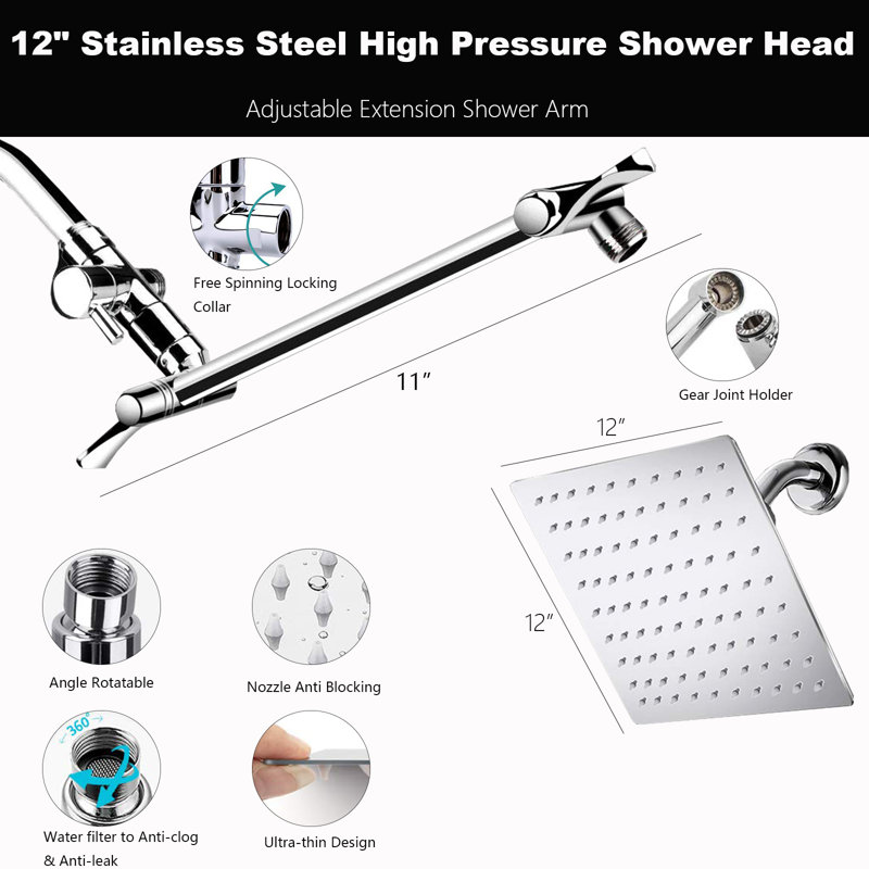 Ensemble de pomme de douche à haute pression - Combinaison de pluie et de poche avec bras d'extension réglable de 11 po, 9 réglages de jet, conception étanche