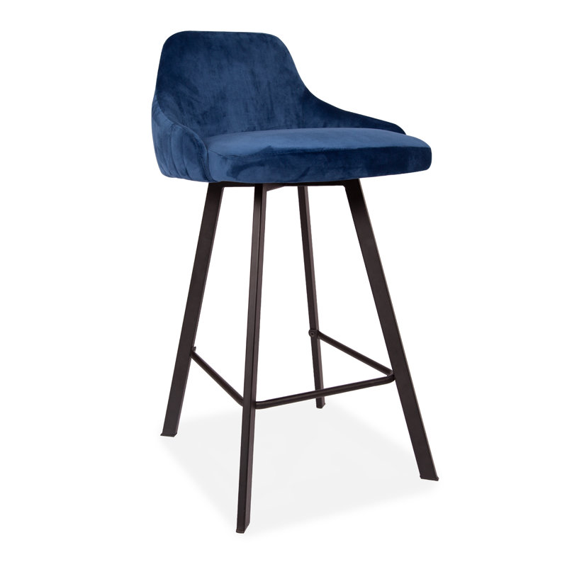 2 Velvet Upholstered Antwan 65cm Bar Stool with Black Metal Legs, Blue