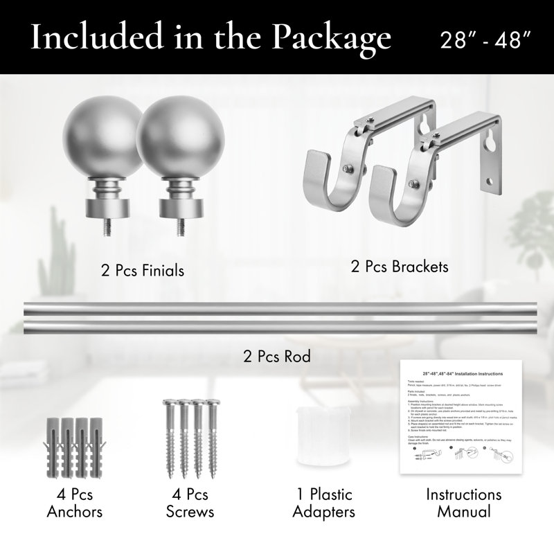 Tringle à rideaux simple réglable en métal Enmore, 28" - 48", Nickel satiné