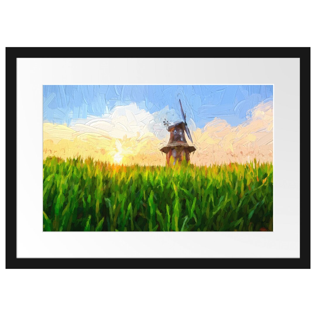 Gerahmtes Papierbild Windmühle auf dem Feld