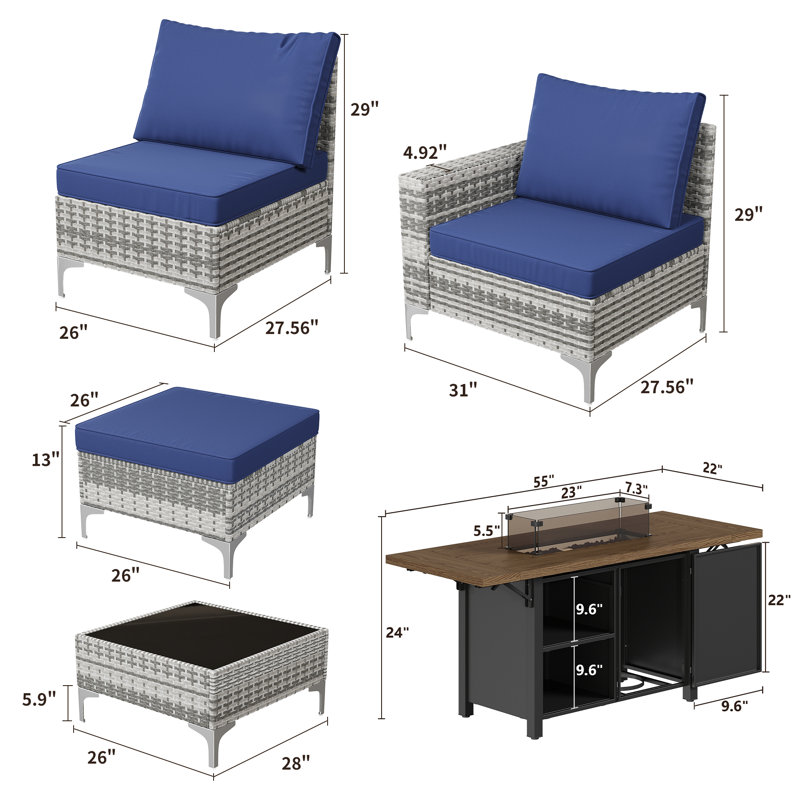 8-piece Outdoor Premium Patio Wicker Sectional Seating Group With Cushions And Firepit Table, Gray, Blue
