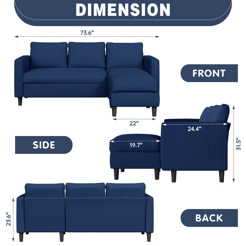 Canapé modulaire rembourré 73,6 po Coito, Velours côtelé bleu