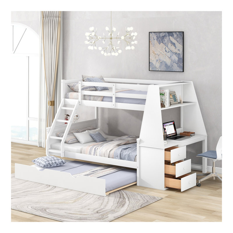 Lit simple superposé au dessus d'un lit double avec lit gigogne et bureau intégré, trois tiroirs de rangement et une tablette, blanc