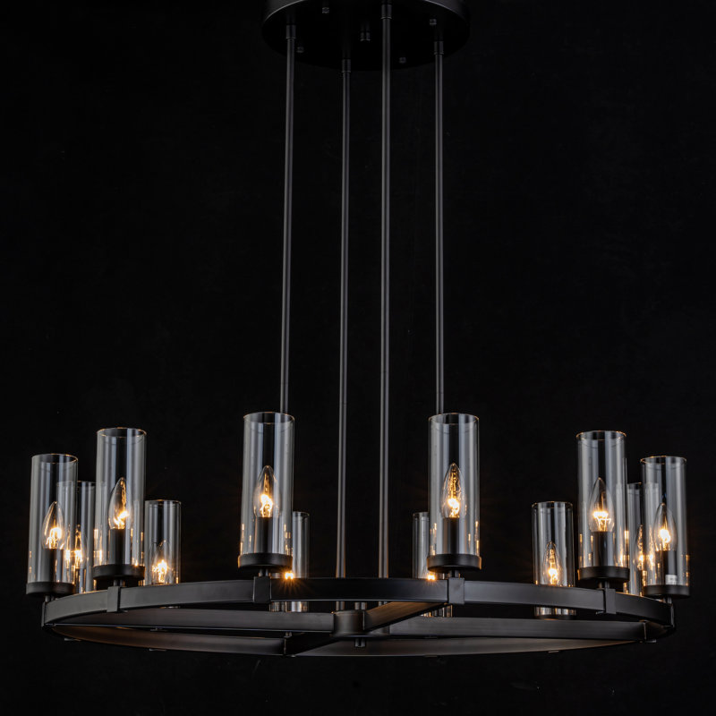 Andrade 12-Light Dimmable Metal Wagon Wheel Chandelier, Black