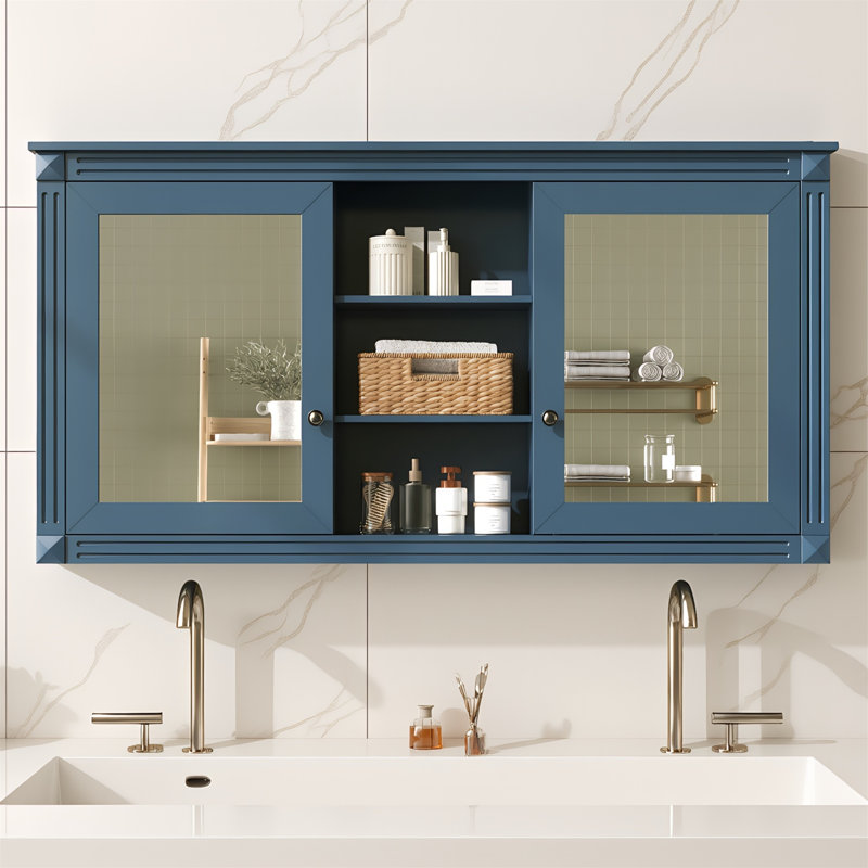 Armoire à pharmacie murale 55 po 2 en 1 avec 2 portes en miroir HD, charnières à fermeture douce et tablette intérieure réglable, bleu