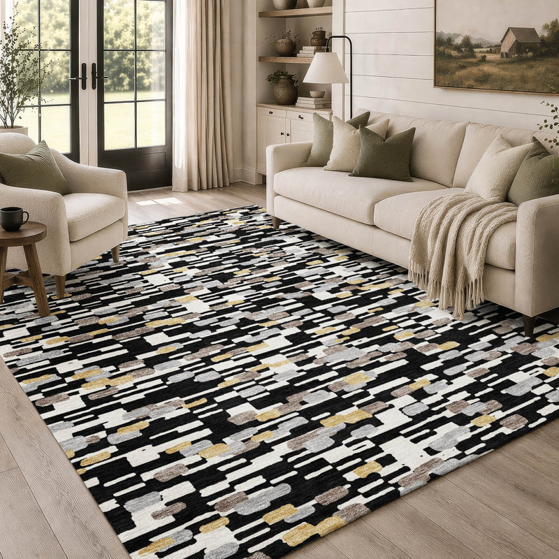 Tapis géométrique intérieur / extérieur lavable à la machine Chantille ACN2904, Black, 9' x 12'