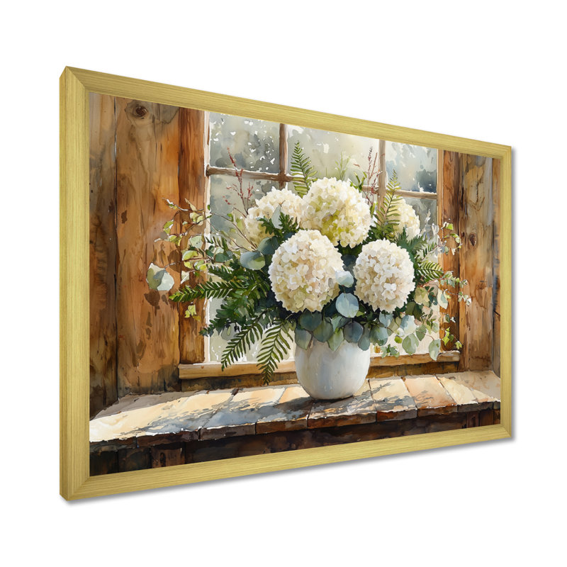 «Barnyard Beauty Bouquet of Hydrangea I», art mural grand hortensia, H 30 po x l 40 po, Cadre simple, Doré