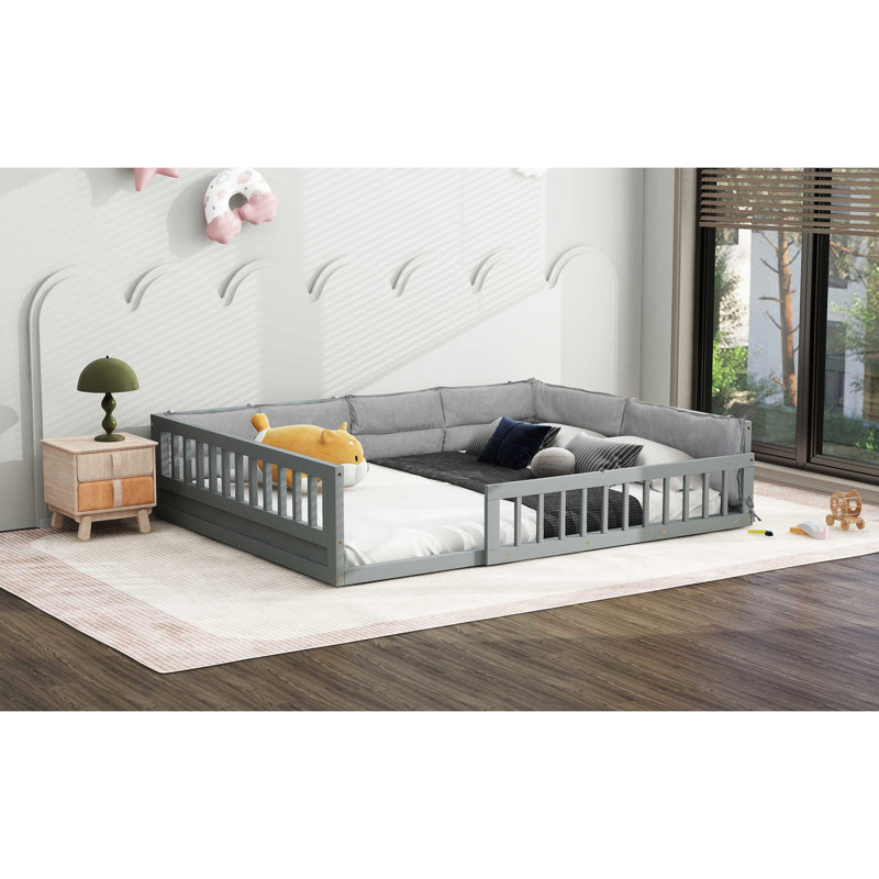 Lit plateforme double en bois pleine grandeur avec garde-corps et coussin de détente doux, bois massif gris +