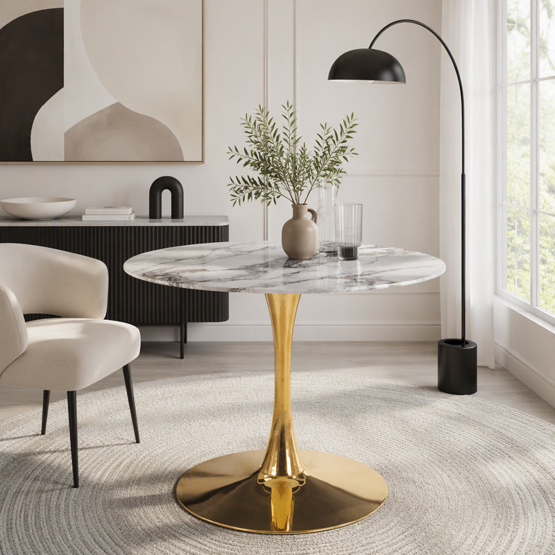 Table tulipe ronde 34,65 pouces avec plateau veiné en marbre, Or + blanc