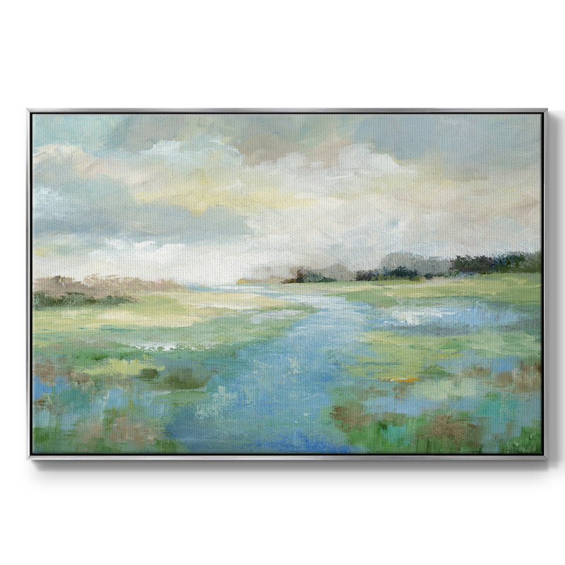 «Winding Stream», peinture sur toile encadrée, H 27 po x l 41 po x P 2 po, Encadrement argenté