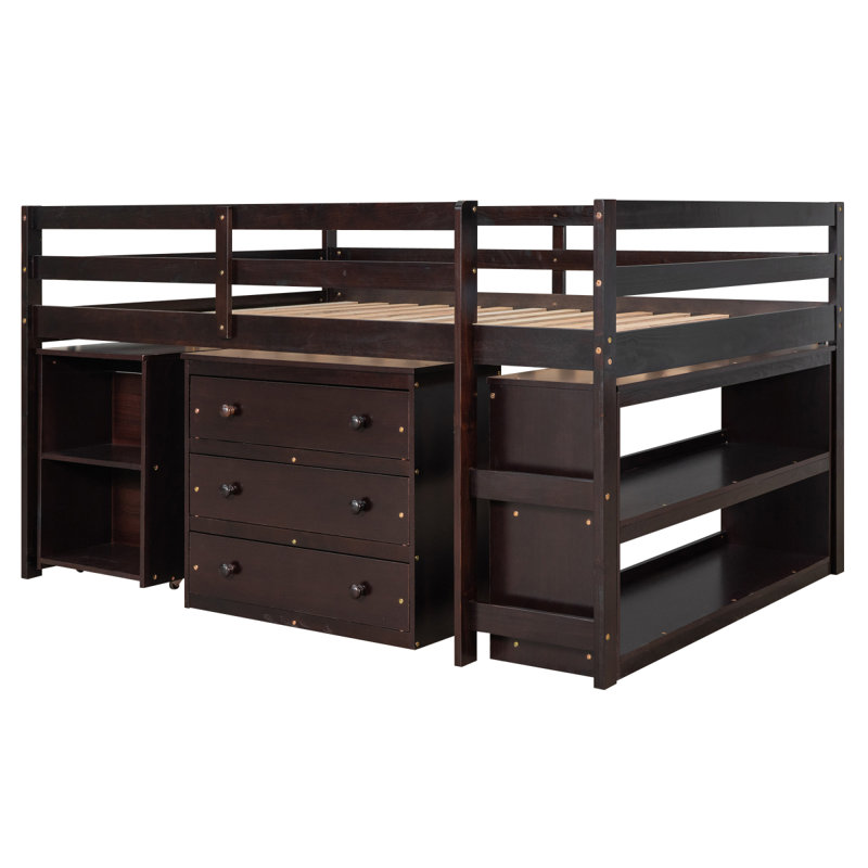 Low Study  Loft Bed With Cabinet Shelves And Rolling Portable Desk Multiple Functions Bed