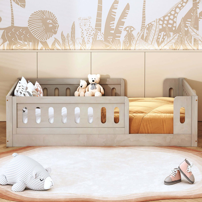 Wood Twin Size Simple Platform Bed With Protective Safety Guardrail Structure, Natural Wood Texture, Natural
