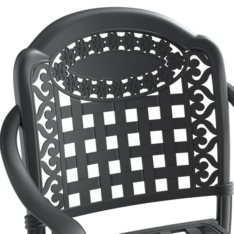 Paire de sièges de patio en aluminium coulé, 2 pièces, noir et anticorrosion, sièges rembourrés confortables, chaise de salle à manger empilable, structure noire, coussins, conception d'espace, coussin de pied antidérapant