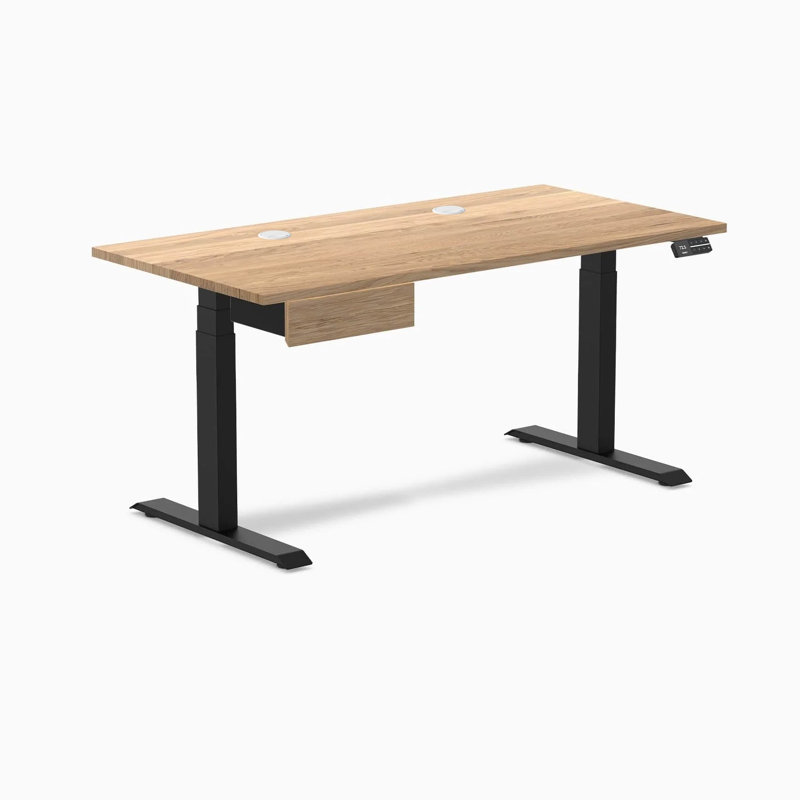 Bureau double debout en bois franc avec tiroir - Noyer / 60 x 30 pouces avec œillets / noir mat, White Oak / Matte Black