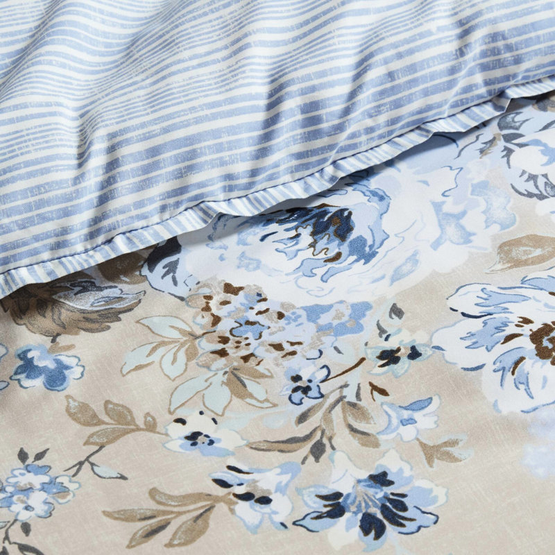 Ensemble de 7 édredons et coussins pour grand lit, motif floral beige / bleu, deux motifs, pour un usage quotidien