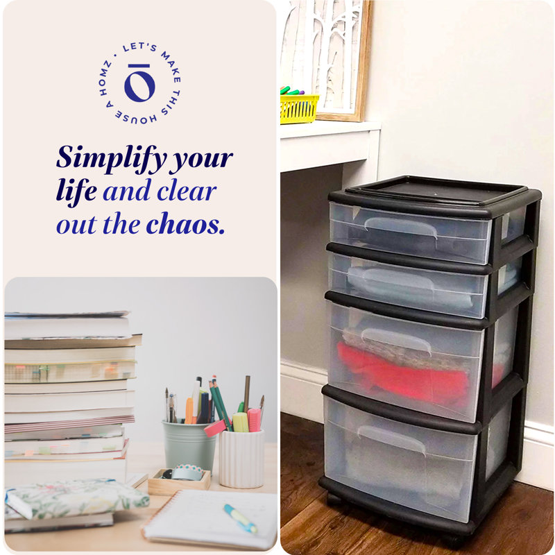 Black Plastic Medium Storage Cart with 4 Clear Drawers