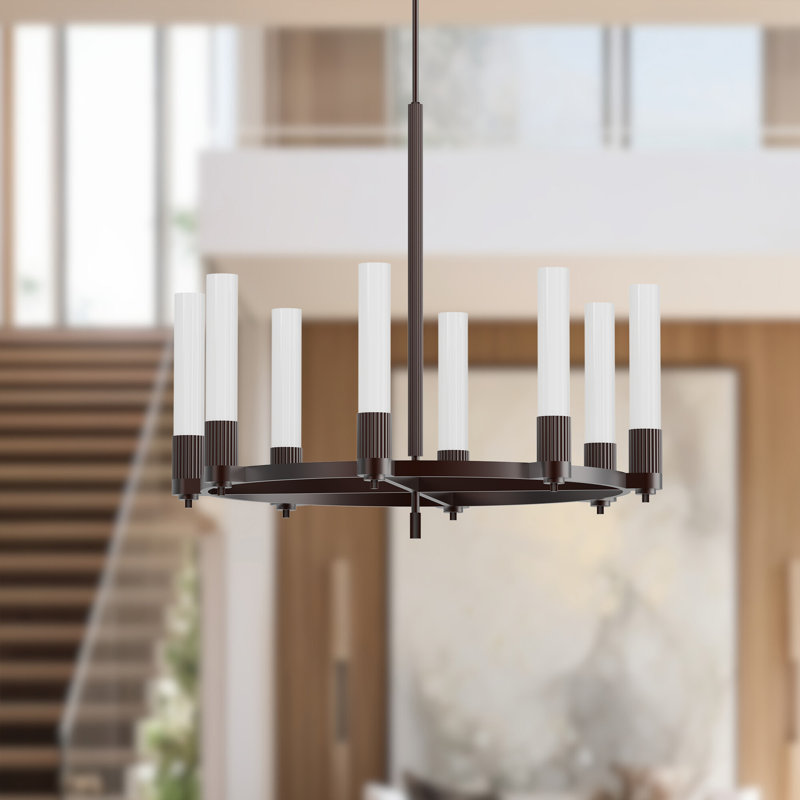 Warm Bronze 8-Light Candle Chandelier with Ribbed Glass