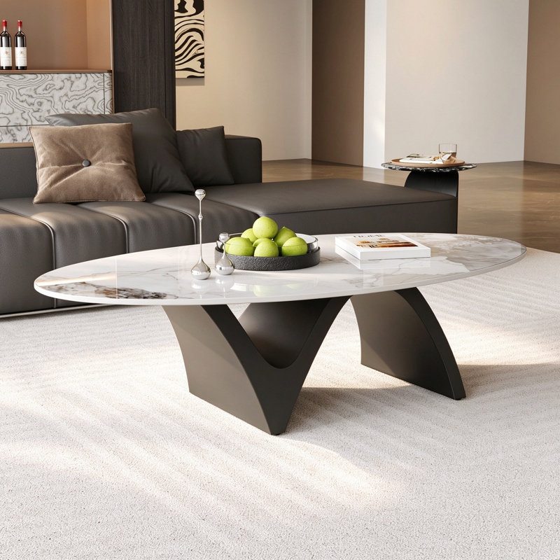 51" Modern Oval Coffee Table, Glossy Sintered Stone Table top With N-Shaped-Steel Base
