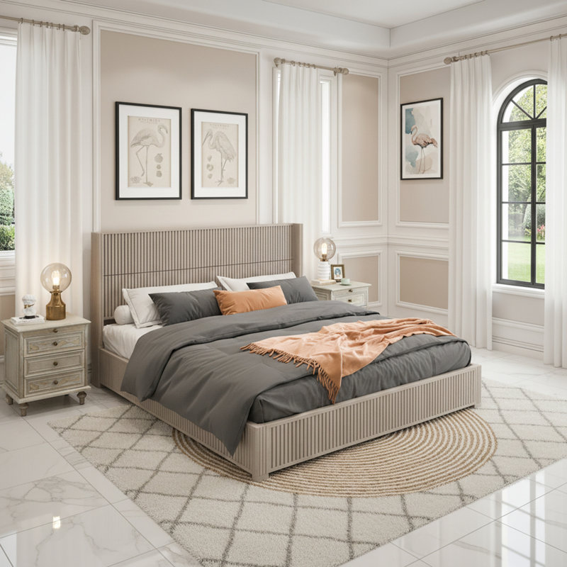 Lit plateforme très grand avec tête de lit, Beige, Très grand lit