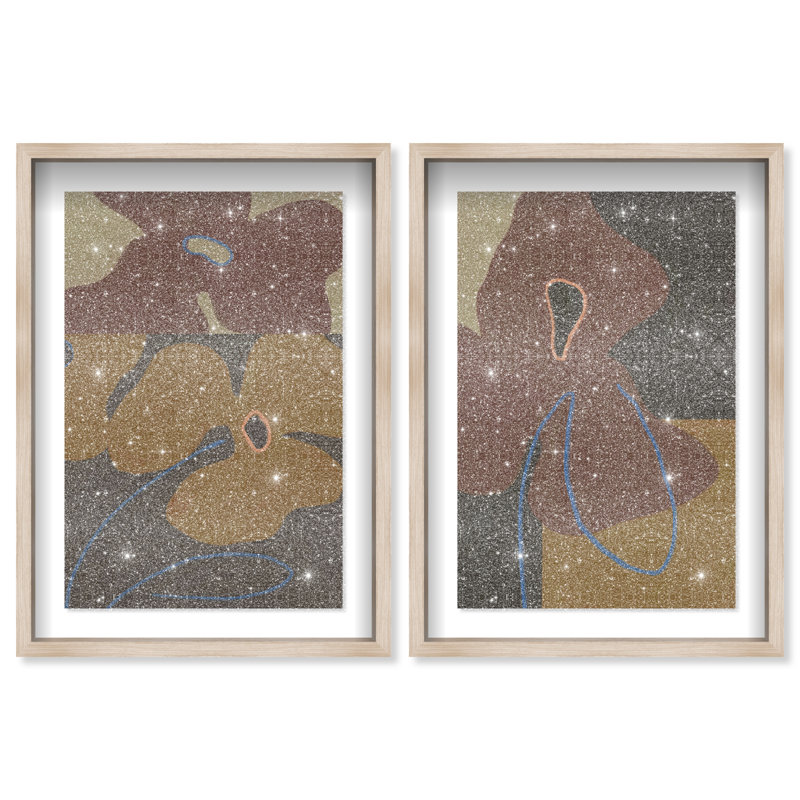 Moody Flowers Set Shadowbox Abstract Print by Oliver Gal, Black Frame, 10 x 15, 25"H x 37"W, Natural Oak Shadowbox