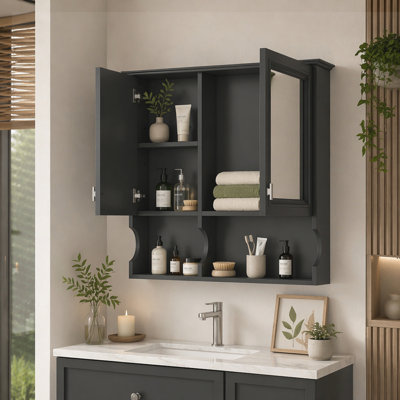 Armoire à pharmacie à miroir avec tablettes ouvertes, rangement mural avec portes et miroir, tablette réglable, armoire de rangement pour salle de bain au-dessus de la toilette, 30 po