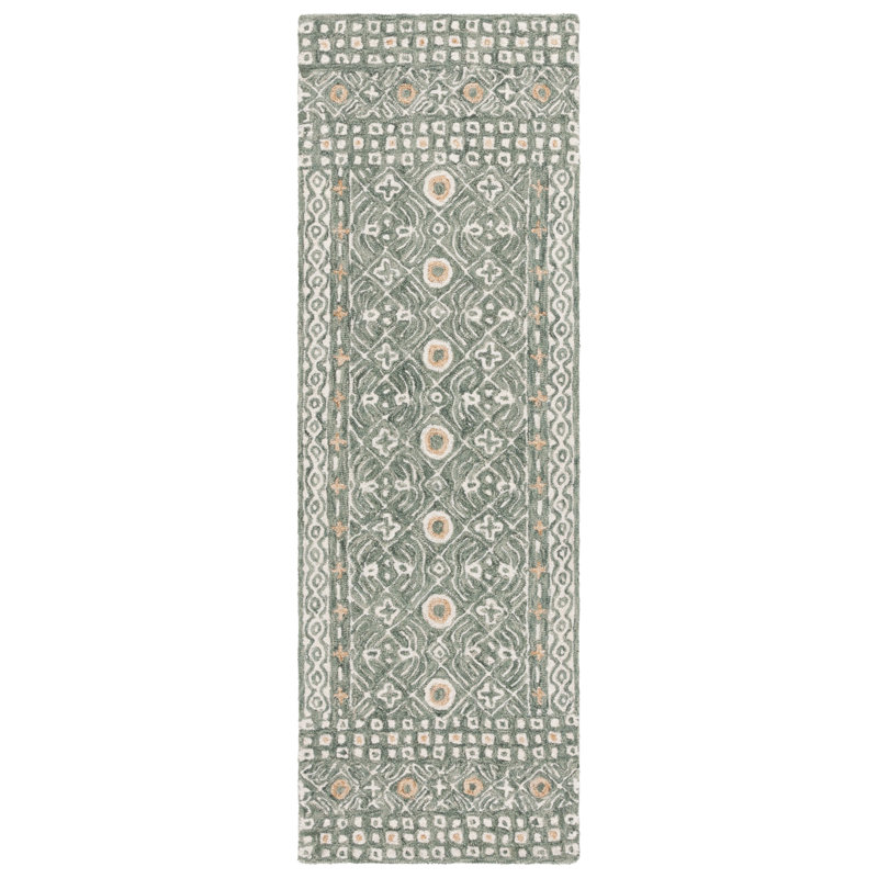 Montario Hand Tufted Wool/Cotton Geometric Rug in Green/Ivory, Runner 2'3" x 7'