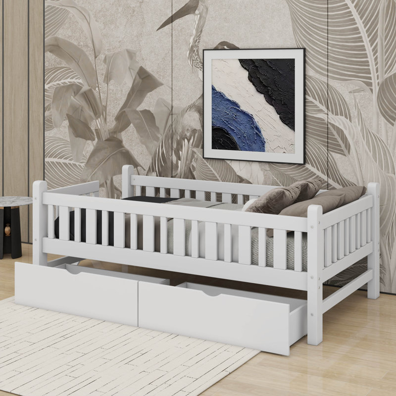 Lit plateforme simple en bois avec 2 tiroirs et garde-corps, Blanc