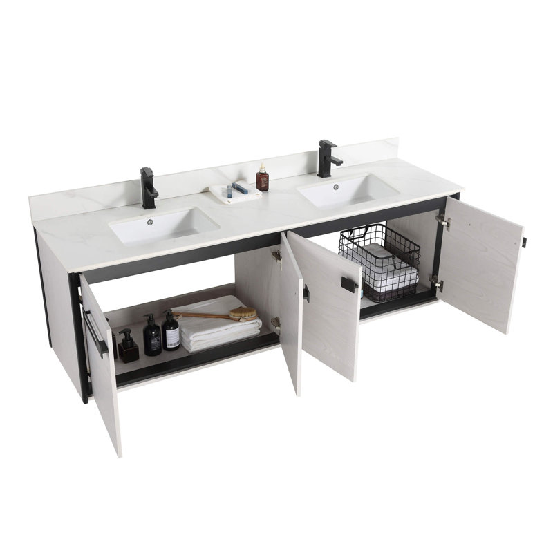 Meuble-lavabo double l 72 po x P 20,06 po x H 23,25 po, Chêne gris doux, Noir mat