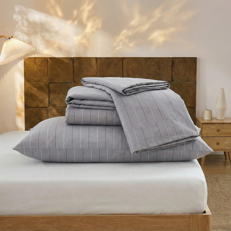 Gray Pinstripe Sheet Set Full Size - 100% Cotton Striped Bedding 4 Pieces, Soft Breathable Percale Weave, 17.5” Deep Pocket, Luxury Linen Like, All Season Comfort