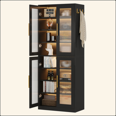Bibliothèque avec portes, armoire de rangement à DEL et 8 tablettes réglables pour le salon, le bureau, la chambre à coucher
