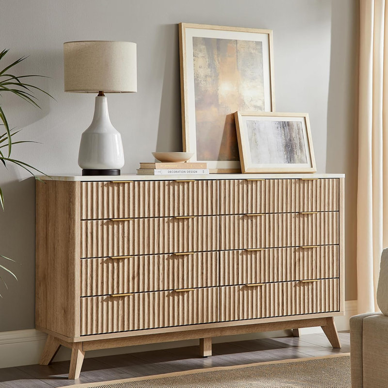8-Drawer Fluted Dresser With Faux Marble Top & Triple-Room Storage, Natural Oak