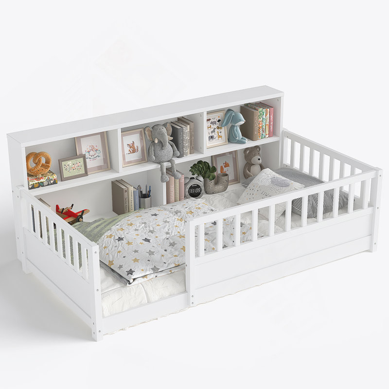 Lit en bois avec garde-corps et tablette de rangement, Lit simple, Blanc