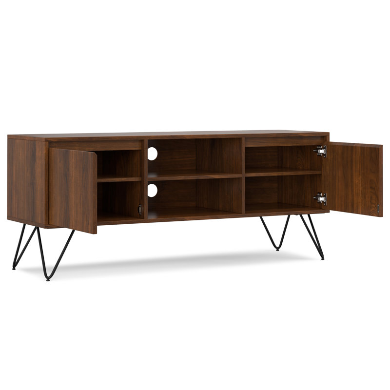 Hunter 60"W Solid Mango Wood Industrial TV Stand for TVs up to 65" with 2 Cabinets and Open Shelf, Walnut Veneer