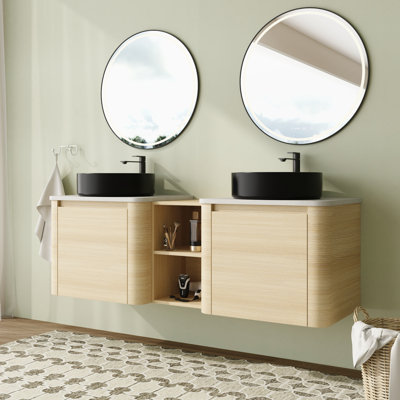 60'' Wall-Mounted Double Bathroom Vanity with Engineered Stone Top and Soft-Close Doors