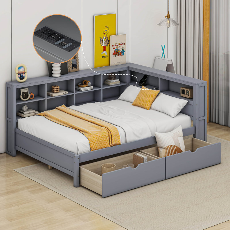 Wooden DayBed with 2 Drawers, Shelf and USB Charging Ports, Full/Double, Gray