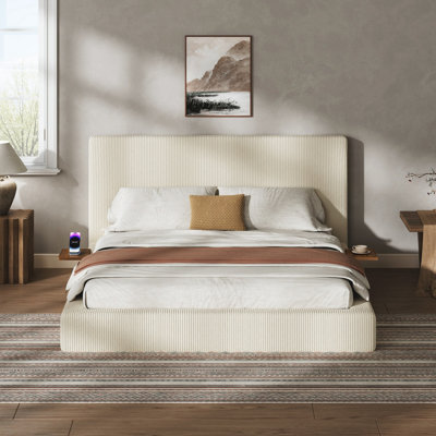 AirFrame Queen Bed Frame with Adjustable Sliding Side Table, 8.7'' Cloud Upholstered Corduroy​ Sponge Cushion, Easy Assembly (Cream White)
