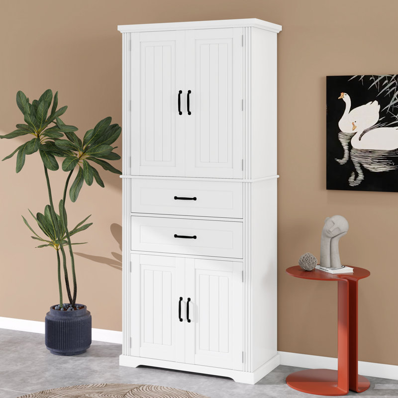 Grande armoire de rangement, armoire de rangement autoportante avec 4 portes, tablette réglable et 2 tiroirs, Blanc