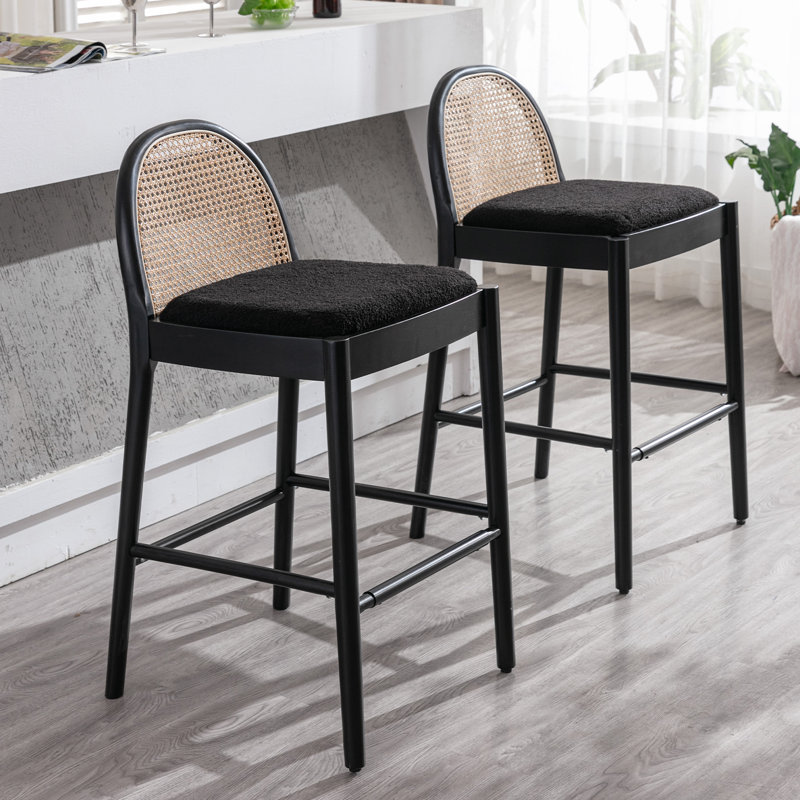 Modern Bar Stools Upholstered Counter Stools With Rattan Backrests And Wood Legs Kitchen Stools For Island, Black