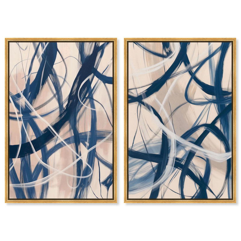 «Blue Lines», ensemble de 2 ensembles abstraits sur toile par Art Remedy, Cadre flottant doré, H 24 po x l 16 po