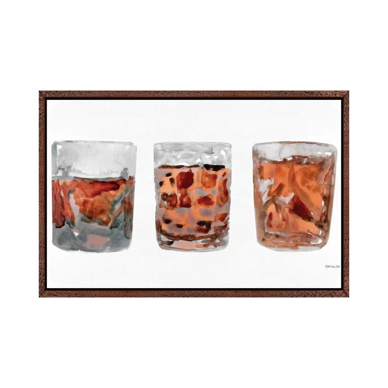 Bourbon Glasses II - Painting on Canvas, 45.72cm H x 66.04cm W x 3.81cm D, Classic Brown Wood Floater Framed