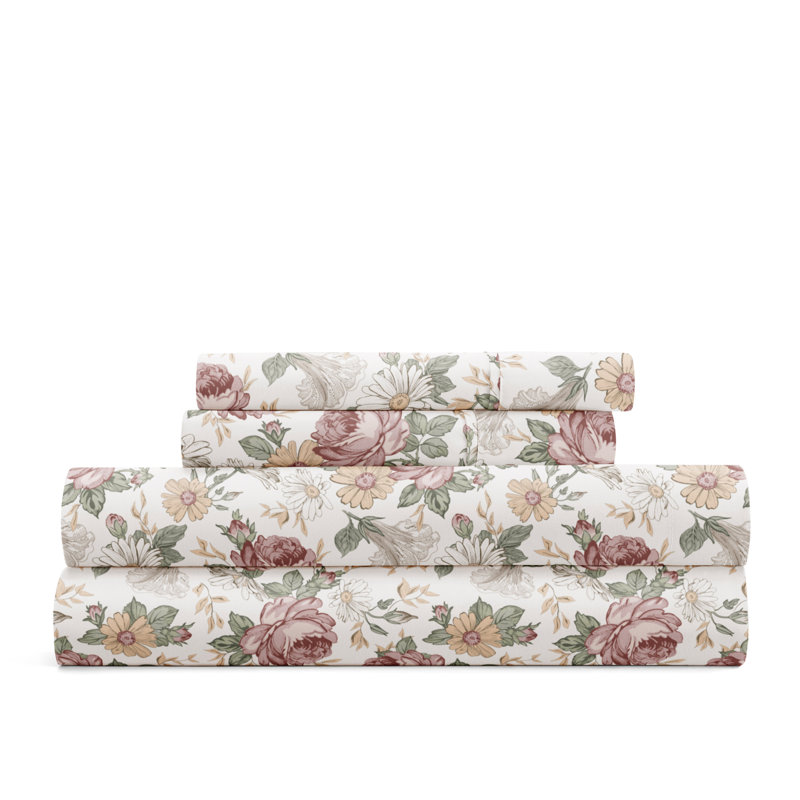 King Ivory Floral Microfiber Sheet Set with 16-inch Pocket Depth