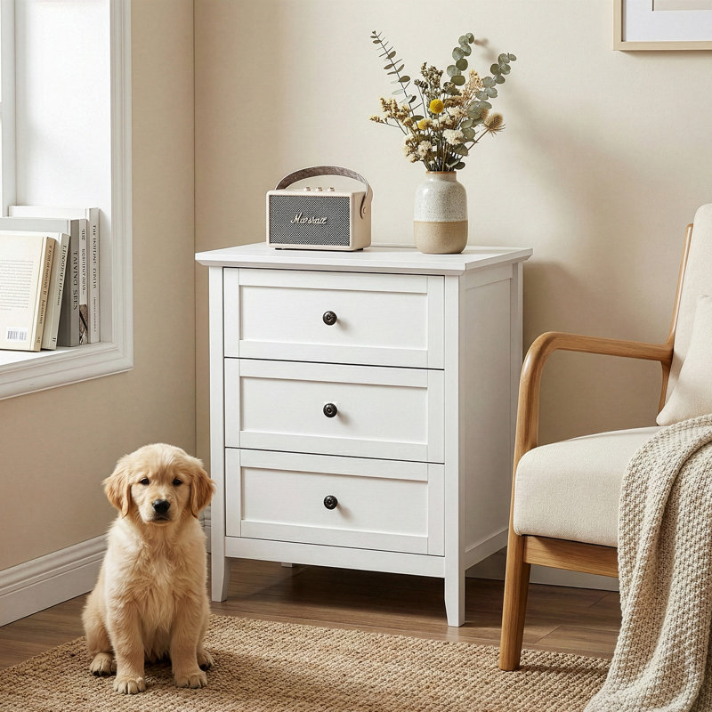 24 Inch 3 Drawer Nightstand With Melamine Surface USB Type C And US Standard Power Outlets, White