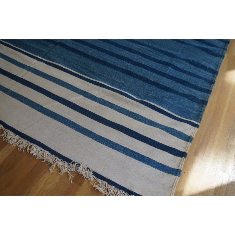 Blue Stripped Antique Huge Oversized Flat Weave Indian Dhurrie Rug