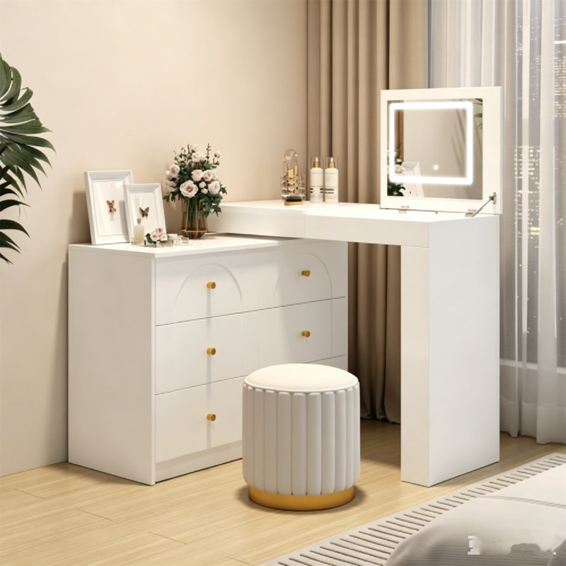 Bureau de coiffeuse blanc avec miroir et lumières, coiffeuse de maquillage à dessus rabattable avec rangement, 7 tiroirs, 9 compartiments et 3 tablettes ouvertes, 3 coiffeuses de maquillage lumineuses à intensité variable pour la chambre à coucher