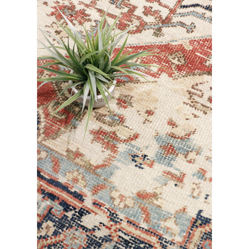 Hand-Knotted Ivory and Navy Wool Square Area Rug
