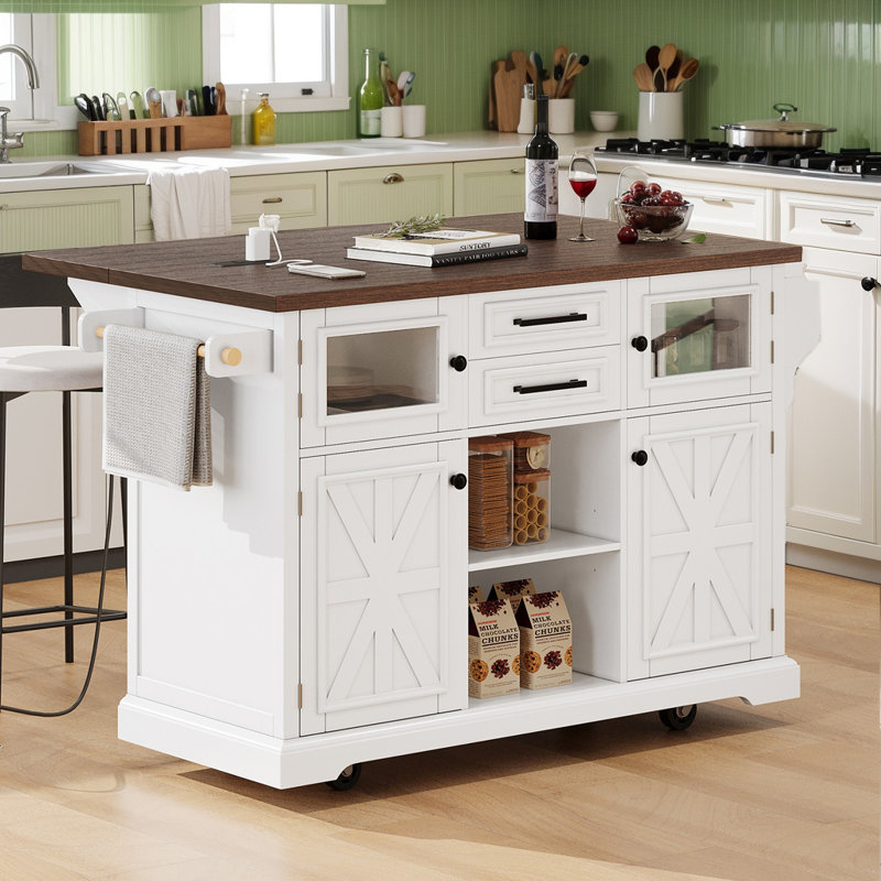 54.9" Kitchen Island With Drop Leaf, Power Outlet, Kitchen Storage Cart With 4 Door Shelves, Cross Barn Doors & Visual Glass Door, Rolling Kitchen Island On 4 Wheels