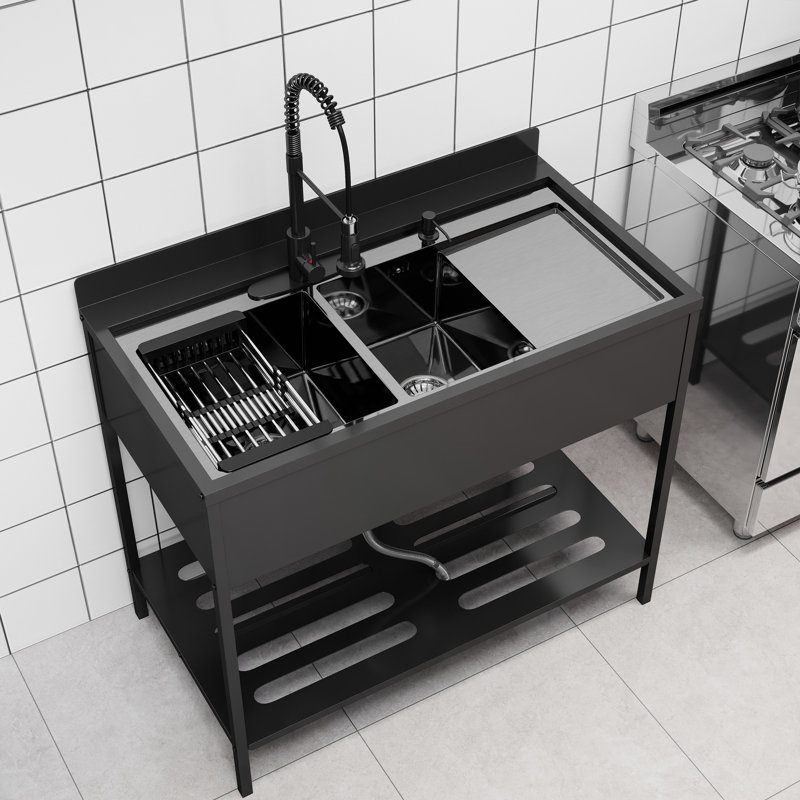 304 Stainless Steel Freestanding Sink Utility Kitchen Sink With Pull-out Faucet