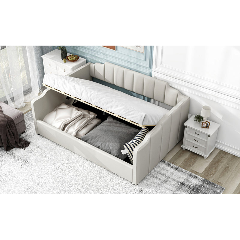 Lit de jour rembourré avec rangement inférieur, taille double, beige, Beige