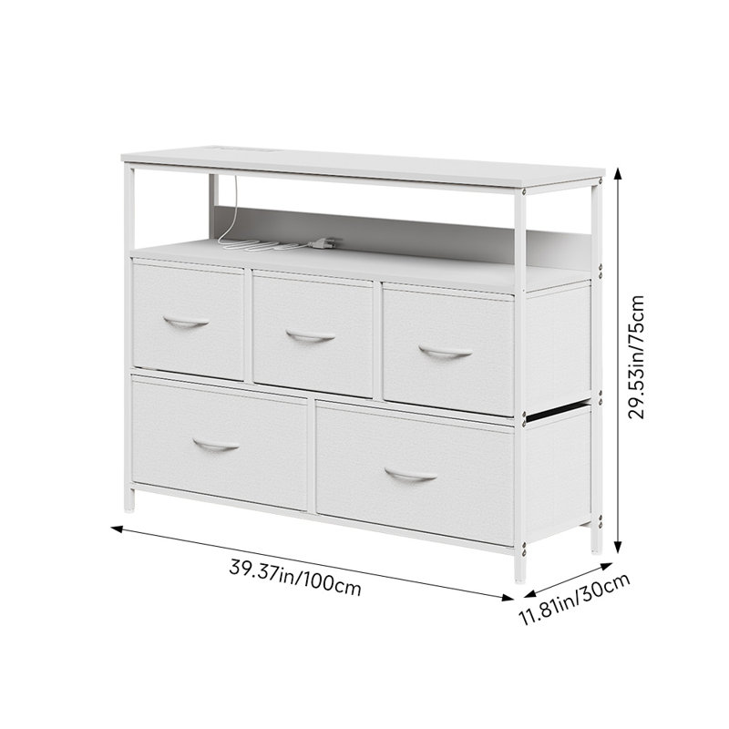Multi-Function Steel-Wood 5-Drawer Storage Cabinet with Fabric Drawers, and Power Outlets, White