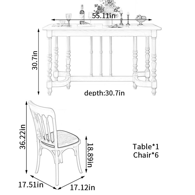 Ensemble de table de salle à manger classique en bois massif de style crémeux, 30,7 po H x 55,11 po L x 30,7 po l, 7, Rouge